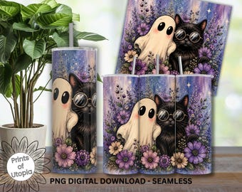 PNG-Datei mit schwarzem Katzen-Geist-Becherdesign, Halloween-Sublimationsgrafik für 20-oz-Becher, süßes, nahtloses, lila-florales Design zum digitalen Download, Nachthimmel-Design