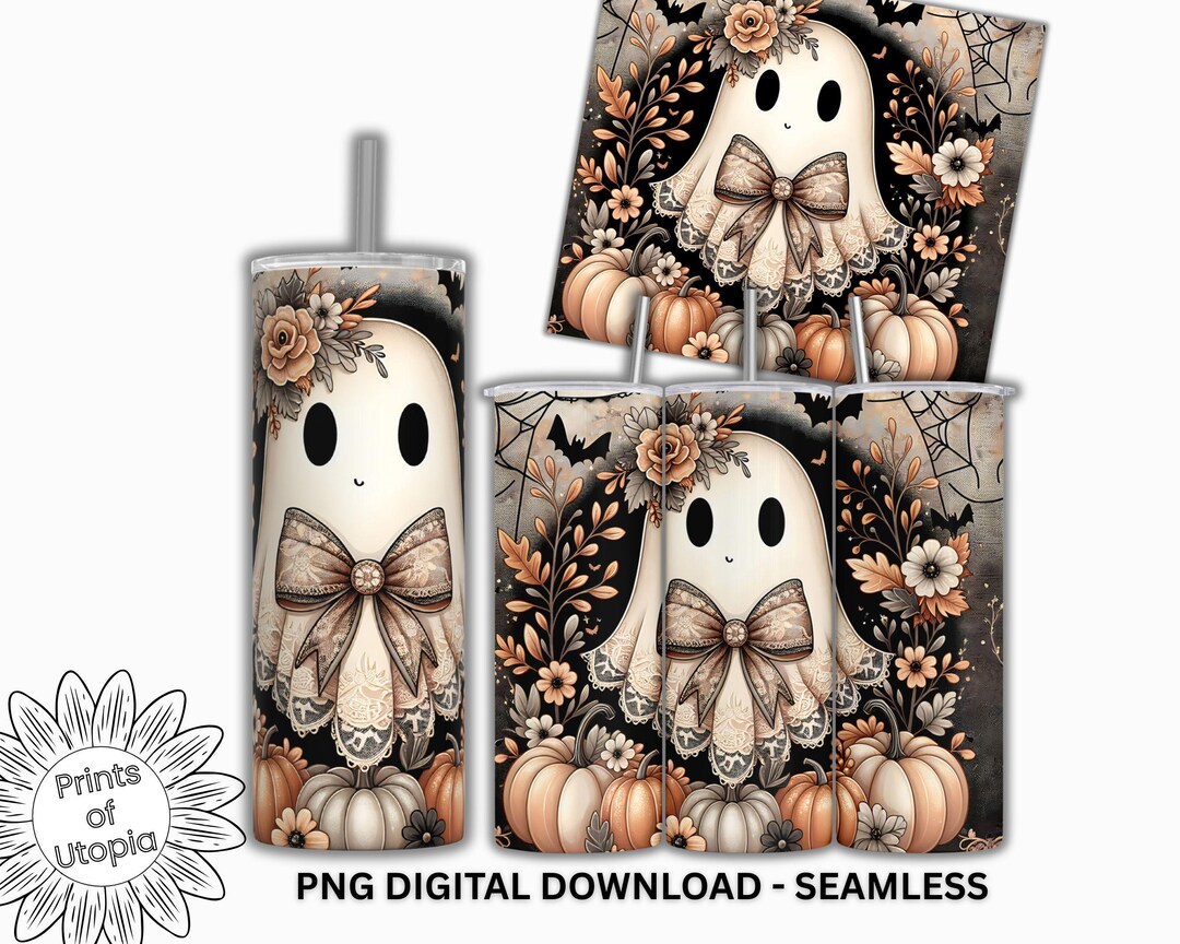 Vintage Fall Lace Ghost Tumbler Wrap PNG, 20oz Seamless Halloween ...