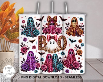 PNG-Datei mit Leopardenmuster und Geistermotiv, 20oz schmale Sublimationsfolie für Halloween-Becher, niedlicher, koketter Geist als digitaler Download, farbenfrohes Grafikdesign