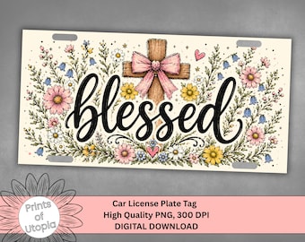 Blessed Floral Wood Cross License Plate Wrap PNG, Christian Car Tag Faith Sublimation, Coquette Pink Bow, Religious Digital Download