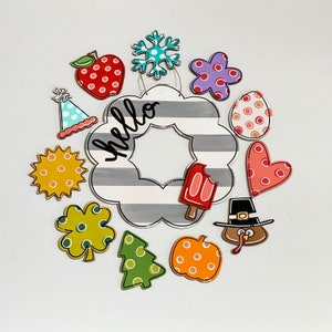 Interchangeable Seasonal Wooden Wreath | All Season Door Hanger | Seasonal Door Decor | Interchangeable Velcro Shapes