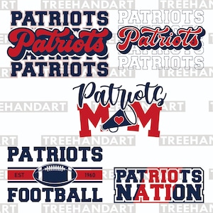 May include: Collection of Patriots-themed designs in red, white, and blue. Includes various text styles of "Patriots", a football, and "Patriots Mom". Designs are suitable for apparel and fan merchandise.