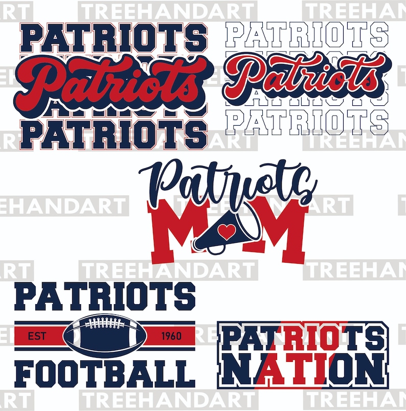May include: Collection of Patriots-themed designs in red, white, and blue. Includes various text styles of "Patriots", a football, and "Patriots Mom". Designs are suitable for apparel and fan merchandise.