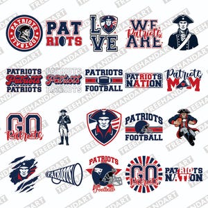 May include: A collection of red, white, and blue Patriots-themed graphics. Designs include the team logo, text like "Patriots," "Love," and "Nation," and illustrations of a football helmet and a Minuteman.