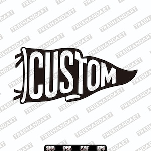 以下が含まれることがあります： 太い白のアルファベット大文字で「CUSTOM」と書かれた、黒いペナント型のグラフィックデザイン。左側に2つの小さな結び目、右側に尖った尾部があり、クリエイティブなプロジェクト用のデジタルファイル形式として表示されています。