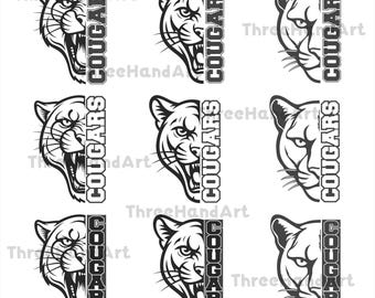 May include: A collection of black and white Cougar head illustrations. Each design features a half-face cougar with the word "COUGARS" vertically aligned. The artwork is suitable for sports teams or school logos.