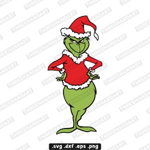 Może przedstawiać: Kreskówkowa ilustracja Grincha, w czerwonej czapce Świętego Mikołaja i czerwonej kurtce z białym wykończeniem. Grinch jest zielony i ma wściekły wyraz twarzy, ręce na biodrach. Pliki: .svg .dxf .eps .png.