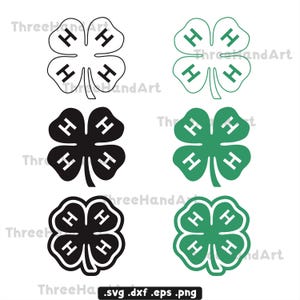 Puede incluir: Seis diseños de tréboles de cuatro hojas en negro y verde. Cada trébol presenta la letra "H" en sus hojas. Los diseños incluyen contornos y rellenos sólidos, adecuados para diversos proyectos de manualidades.