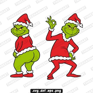 Puede incluir: Dos imágenes de dibujos animados de un personaje verde con un traje y sombrero de Papá Noel rojos. Una imagen muestra al personaje por la espalda y la otra muestra al personaje haciendo un gesto con la mano de "ok". Las imágenes tienen ribetes blancos y están sobre un fondo blanco.