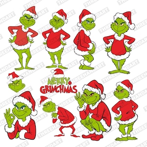 Peut inclure: Plusieurs personnages de dessins animés du Grinch dans diverses poses, tous vêtus de costumes de Père Noël rouges avec des bordures et des chapeaux blancs. Le Grinch est vert avec une expression grincheuse. Le texte "MERRY GRINCHMAS" est également affiché.