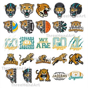 May include: A collection of jaguar-themed graphics in various styles. Includes jaguar heads, football helmets, and running jaguars. Some designs incorporate sports equipment like footballs, volleyballs, and basketballs. Text elements include "Jaguars" and "We Are Jaguars."