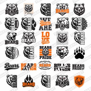 May include: Collection of bear-themed graphics in black, white, and orange. Designs include bear faces, paw prints, and text like "BEARS", "NATION", and "PRIDE". Ideal for sports fans and team spirit.