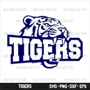 May include: A navy blue graphic featuring a tiger's head above the word "TIGERS" in white block letters. The design is a vector graphic, suitable for various applications. The text "SVG • PNG • DXF • EPS" is at the bottom.