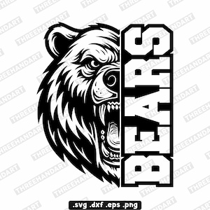 Może przedstawiać: Czarno-biała grafika głowy niedźwiedzia z napisem "BEARS" w pogrubionych, blokowych literach. Niedźwiedź jest wściekły, z widocznymi zębami. Obraz jest grafiką wektorową.