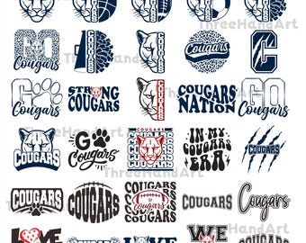 Cougars SVG, 30 Cougars SVG Bundle, Cougars Cutfile, Cricut, Mascot School, Go Cougars, Leopard Skin, Football, PomPom, Paw, Silhouette, PNG