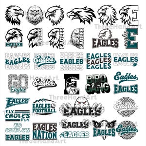 May include: A collection of black and white eagle-themed graphics and text designs. Includes eagle head illustrations, the word "Eagles" in various fonts, and phrases like "Bird Gang" and "Eagles Nation".