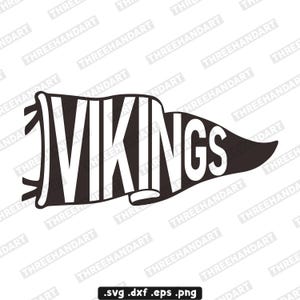 Könnte beinhalten: Eine schwarz-weiße Wimpel-Grafik mit dem Wort "VIKINGS" in fetten weißen Buchstaben. Der Wimpel hat ein klassisches Design mit einer geschwungenen Oberseite und einem spitzen Ende. Das Bild ist ein digitales Design.