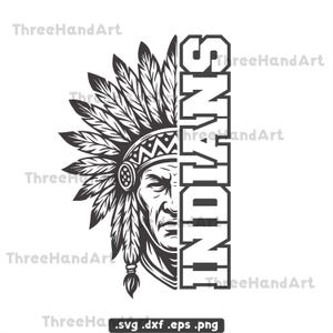 May include: Black and white graphic of a Native American chief wearing a feathered headdress. The word "INDIANS" is vertically stacked on the right side. The image is a vector design, suitable for various applications.