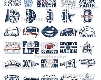 May include: A collection of various Cowboys-themed designs in navy blue, white, and red. The designs include text, footballs, stars, and other sports-related graphics. The text includes phrases like "Cowboys Nation" and "For Life."