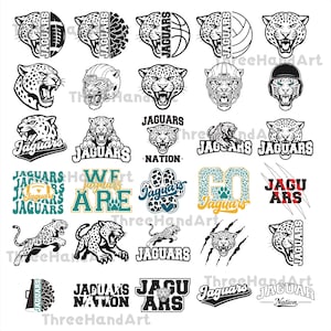 May include: A collection of black and white jaguar-themed graphics. Designs include jaguar heads, athletic equipment, and text such as "Jaguars" and "Nation". The graphics are suitable for apparel and sports-related merchandise.