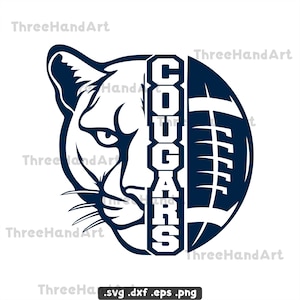 May include: A navy blue and white graphic design featuring a cougar's face and a football. The word "COUGARS" is vertically displayed. The design is suitable for sports-themed merchandise.