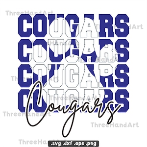 May include: A white background features the word "COUGARS" in a repeating pattern of blue and white block letters. A cursive "Cougars" in black script is overlaid on the design. The design is a digital graphic.