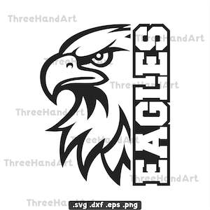 May include: Black and white graphic of an eagle's head with the word "EAGLES" in a vertical block. The eagle has a stern expression. The design is suitable for sports teams or school spirit merchandise.