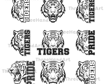 Tigerhuvudpaket 9 SVG, Tigrar Svg, Tigrar SVG för Cutfile, Tigerhuvud Silhuett SVG, Tigrar Svg-fil, Leopardhud, Tigrar Svg Png.