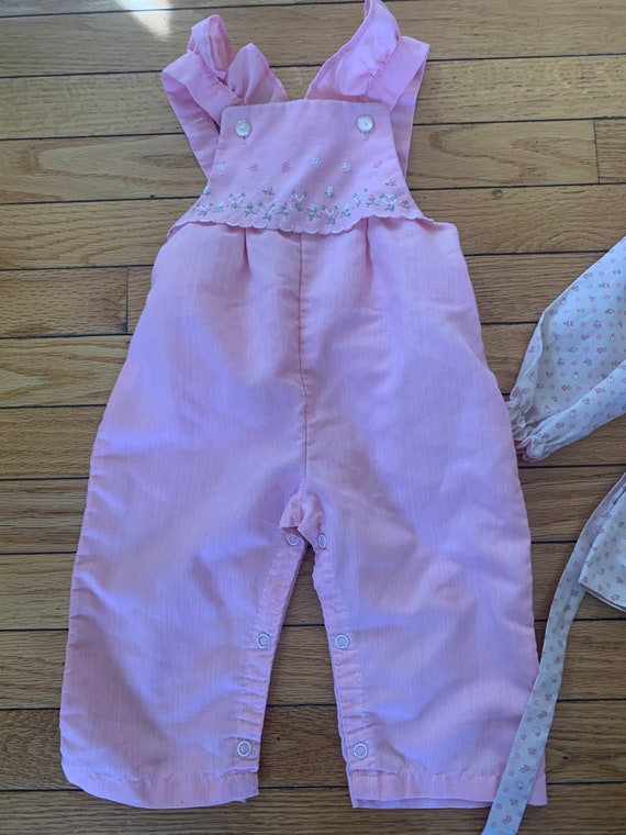 Vintage Summer Pink Smocked Dress & Overalls Outf… - image 3