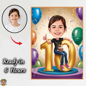 Presente engraçado de 10º aniversário para menina – Retrato de caricatura personalizado – Download de desenho animado digital para festa infantil Caixa de menina de 10 anos 10 aniversário