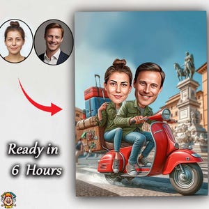 Custom Couple Caricature on Vespa Scooter with Travel Luggage – Personalized Cartoon Portrait for Anniversary, Wedding, or Travel Gift love