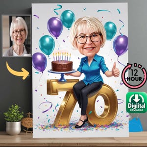 Spersonalizowana karykatura na 70. urodziny dla niej – wyjątkowy portret z kreskówek dla kobiety, spersonalizowany prezent cyfrowy dla babci, mamy lub przyjaciółki70. urodziny