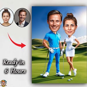 Karykatura Pary Golfistów – Niestandardowy Portret Pary na Polu Golfowym z Kijami – Zabawny Prezent dla Golfistów, Partnerów lub Miłośników Sportu