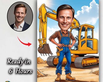 Caricatura personalizada de operador de excavadora: hombre con equipo de construcción y excavadora. Regalo personalizado para operadores de maquinaria y constructores.