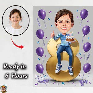 Custom 8th Birthday Girl Caricature – Personalized Cartoon Portrait Gift for 8 Year Old – Digital Download Funny Kids Drawing six birthday