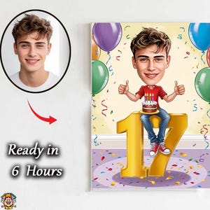 Benutzerdefinierte Karikatur Porträt Geschenk 17 Lustige digitale Zeichnung für Teenager | Einzigartiges Sweet 17Keepsake Art Geschenk für Jungen 17