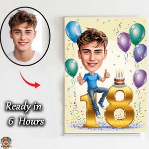 Aangepaste karikatuur 18e verjaardag – cartoonportret tienerjongen | Leuk digitaal cadeau voor hem | Gepersonaliseerde verjaardagskunstwerk 18 verjaardagscadeau voor