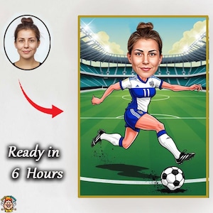 Girl Football Player Caricature – Custom Cartoon Portrait in Team Jersey with Ball and Field Female Soccer Star Caricature – Personalized Di