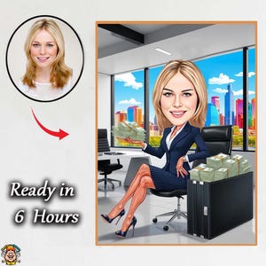 Rich Businesswoman Caricature – Custom Cartoon of Woman Holding Cash in Office with Money Briefcase Custom Boss Lady Caricature – Female Ex