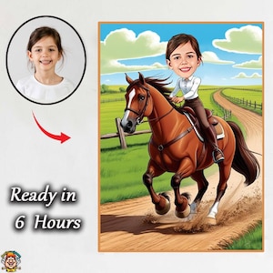 Girl on Horse Caricature – Personalized Equestrian Artwork with Rural Background Horse Riding Girl Caricature – Custom Cartoon Portrait Gal
