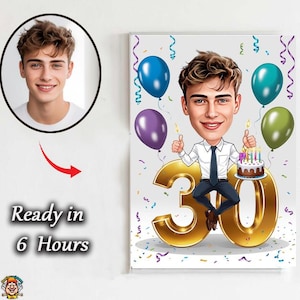 Könnte beinhalten: Cartoon-Illustration eines Mannes, der seinen 30. Geburtstag feiert. Das Bild zeigt eine Karikatur eines Mannes mit Luftballons, Konfetti und einer Torte. Der Text "Ready in 6 Hours" ist ebenfalls sichtbar.