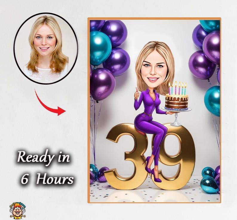 Personalized 39th Birthday Caricature for Her – Custom Female Cartoon ...