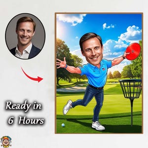 Puede incluir: Una caricatura digital de un hombre jugando al disc golf, con una camisa polo azul y vaqueros, con un disco rojo en la mano. El fondo muestra un campo de golf bajo un cielo azul. La imagen incluye un retrato y el texto "Ready in 6 Hours."