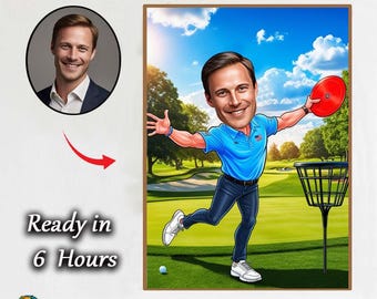 Disc Golf Caricature – Custom Cartoon Portrait Throwing Frisbee on the Course Custom Disc Golf Portrait – Fun Cartoon Gift with Basket and