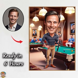 Coustam Snooker Player Karikatuur – Gepersonaliseerd cartoonportret in clubomgeving met keu en tafel Snooker Club Champion – Leuke karikatuur