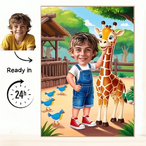 Animal Park Caricature – Personalized Portrait of Child at the Zoo with Giraffe  Boy’s Zoo Day Caricature – Cartoon Style Illustration with