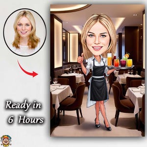 Puede incluir: Ilustración de dibujos animados de una camarera sosteniendo una bandeja de bebidas coloridas en un restaurante. La camarera lleva un delantal negro y una camisa blanca. Incluye el texto "Ready in 6 Hours".