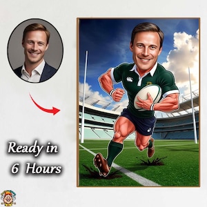 Caricature de joueur de rugby pour garçons - Cadeau de dessin animé sportif personnalisé " Illustration de rugby garçon personnalisée - Cadeau numérique amusant sur le thème du sport "