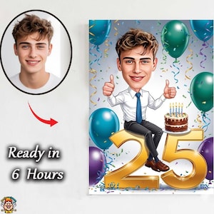 Aangepaste karikatuur 25e verjaardag – cartoonportret tienerjongen | Leuk digitaal cadeau voor hem | Gepersonaliseerd verjaardagskunstwerk: 25 verjaardagscadeau voor