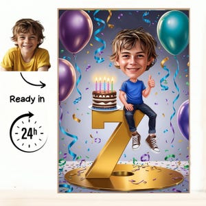 7th Birthday Caricature – Custom Cartoon Portrait for Boy with Balloons, Cake, and Fun Background – Personalized Digital Gift boy digitl art